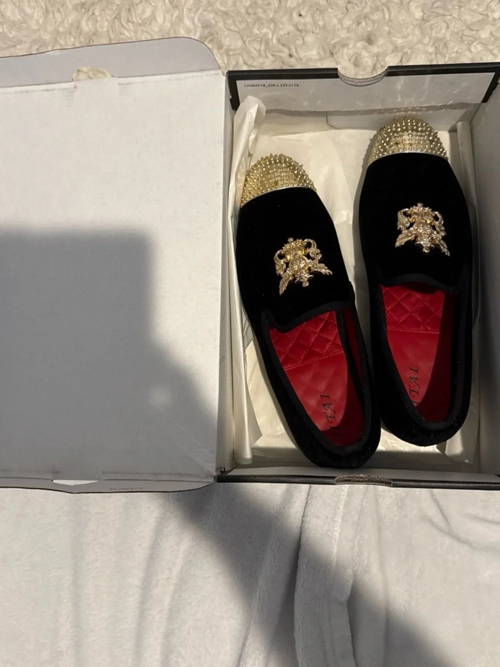 Black Velvet Moccasins with Gold Crest and Studded Toe